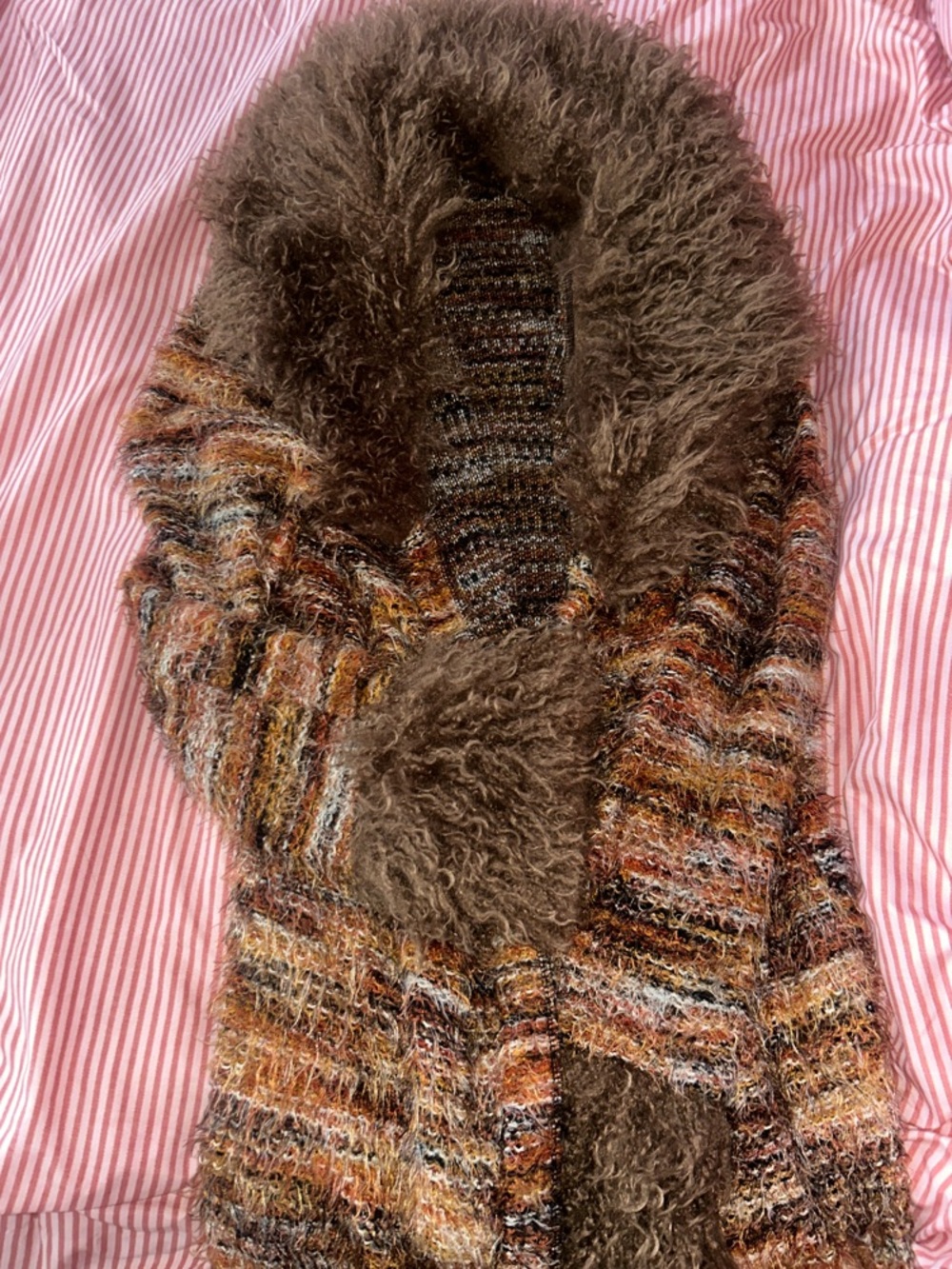 Cozy Multi-Color Knit Cardigan with Faux Fur Trim